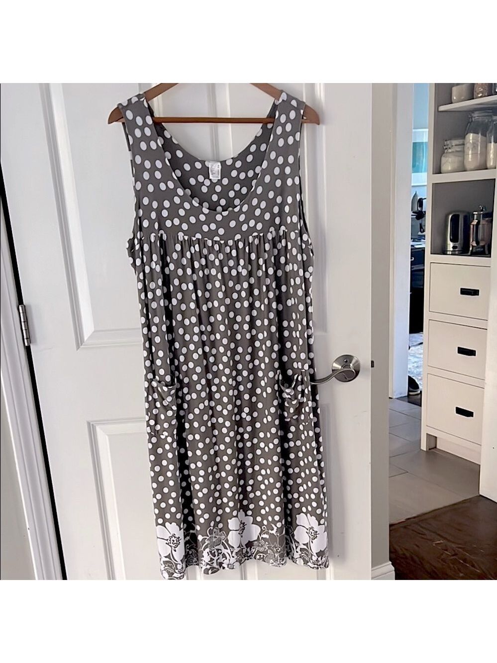 Polka Dot Sleeveless Dress with pockets and floral hem size 16